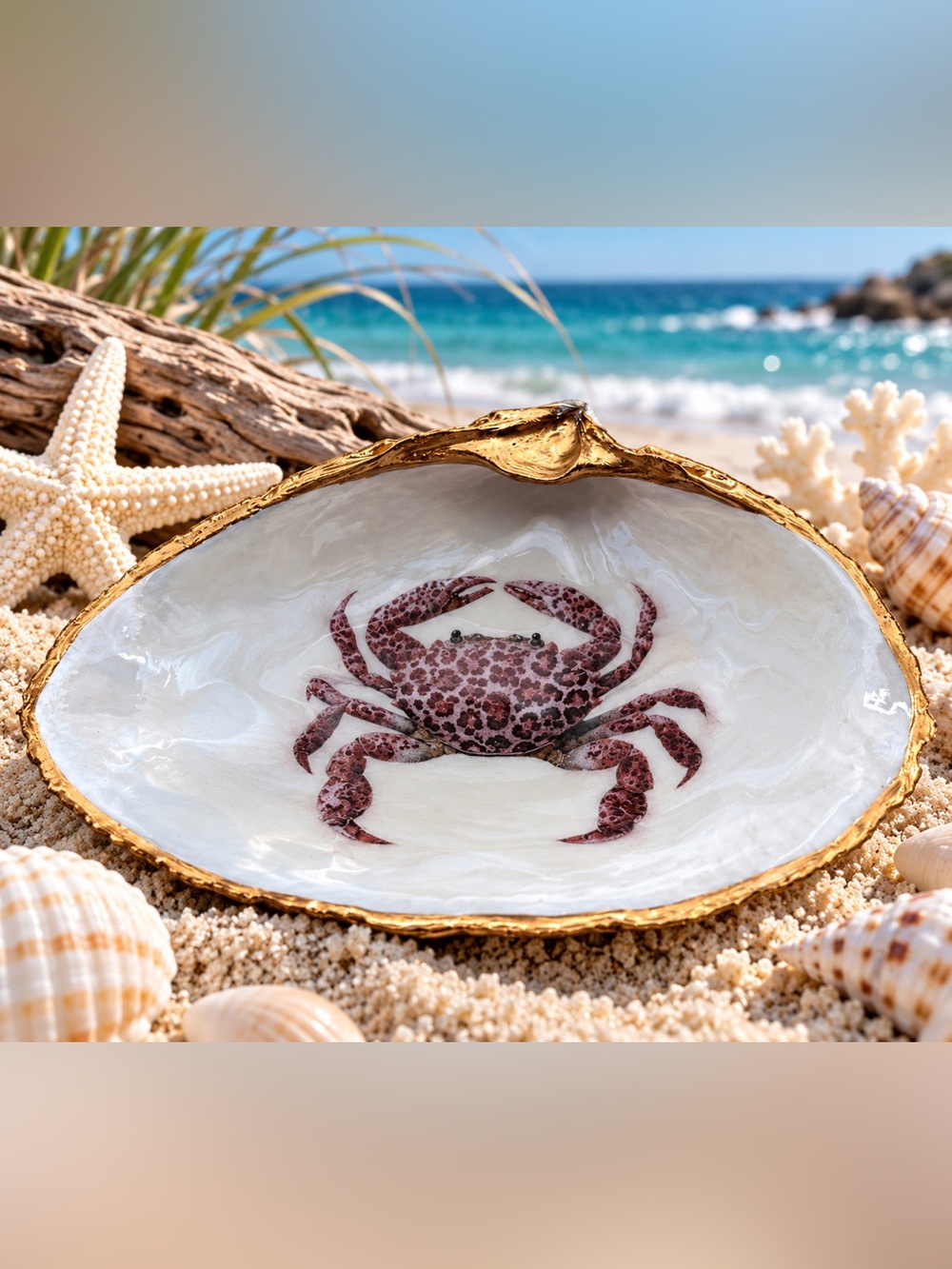 Gold-Trim Shell Trinket with Leopard Crab Motif